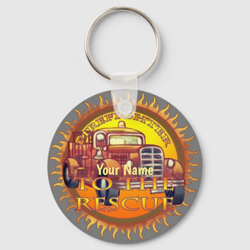 Firefighter To The Rescue fire truck custom name Keychain