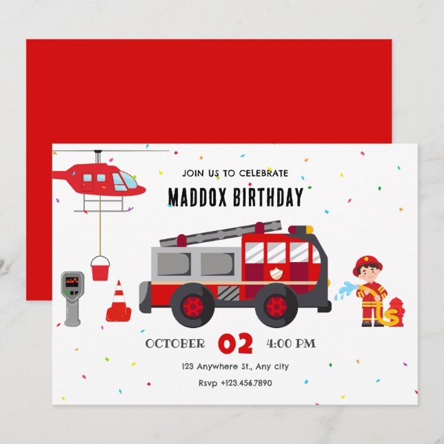 Firefighter truck helicopter birthday invitation (Front/Back)