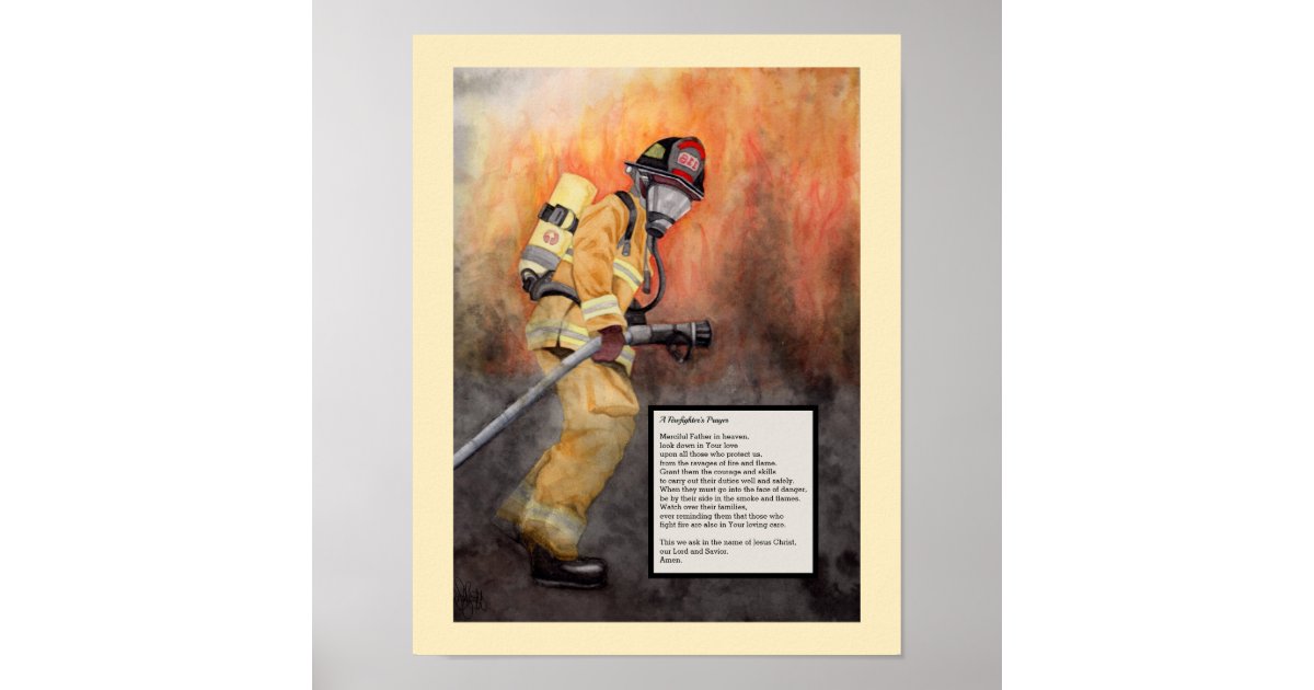 Firefighter Watercolor Print with Prayer Safety | Zazzle