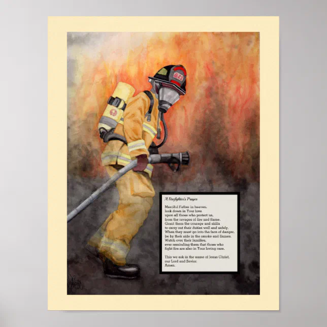 Firefighter Watercolor Print with Prayer Safety | Zazzle
