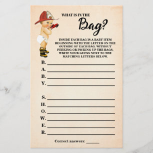 Firefighter What is in the Bag Baby Shower Game Flyer