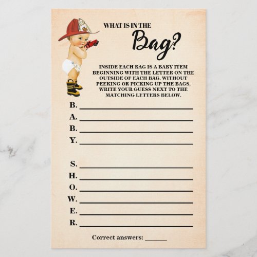 Firefighter What is in the Bag Baby Shower Game Flyer