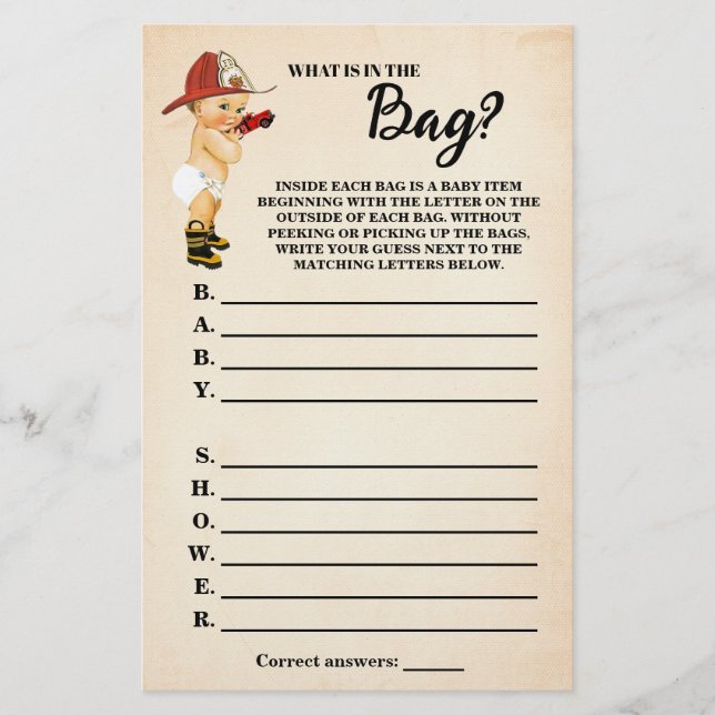 Firefighter What is in the Bag Baby Shower Game Flyer (Front)