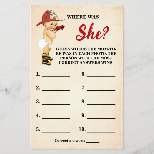 Firefighter Where was Mom to be Shower Game Card Flyer (Front)