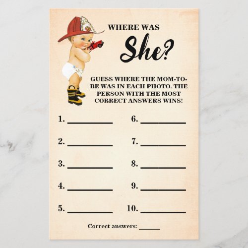 Firefighter Where was Mom to be Shower Game Card Flyer