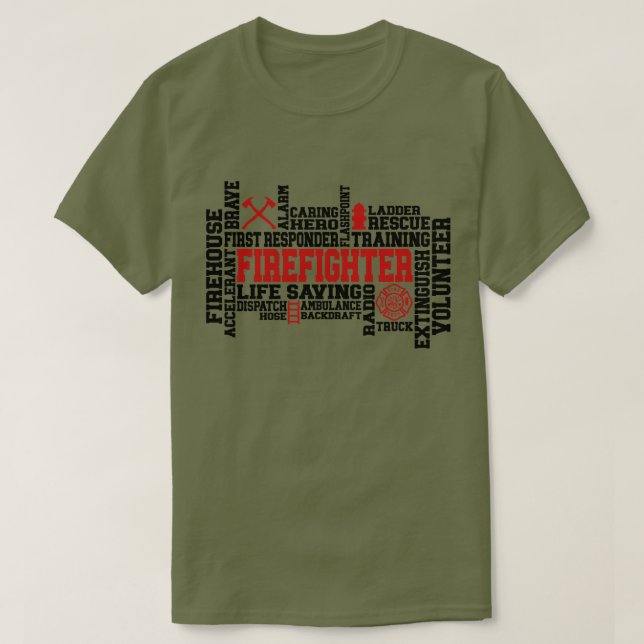 Firefighter Word Cloud Highlighting Heroism  T-Shirt (Design Front)