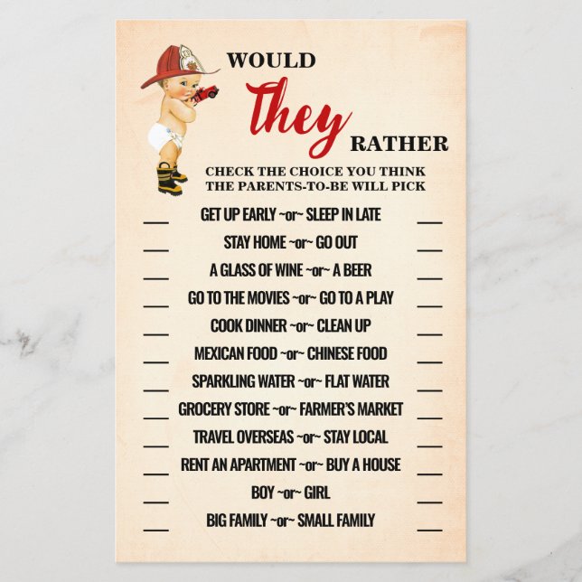 Firefighter Would They Rather Shower Game Card Flyer (Front)