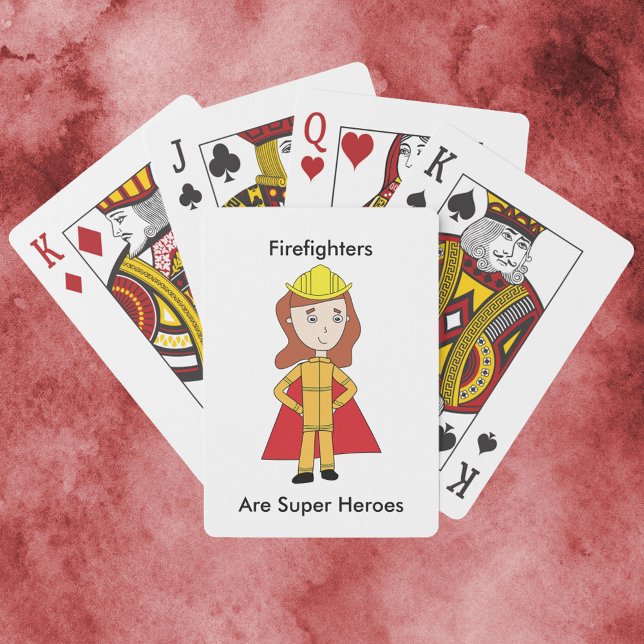 Firefighters Are Super Heroes Female Funny Poker Cards (A deck of playing cards featuring a woman firefighter and the text, "Firefighters Are Super Heroes".)