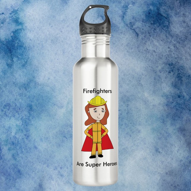 Firefighters Are Super Heroes Female Funny Stainless Steel Water Bottle (A water bottle featuring a woman firefighter and the text, "Firefighters Are Super Heroes".)