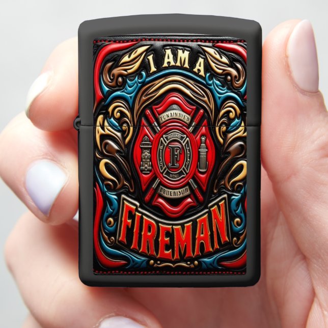 Firefighter's Badge With Vibrant Leather Design Zippo Lighter (In Hand)