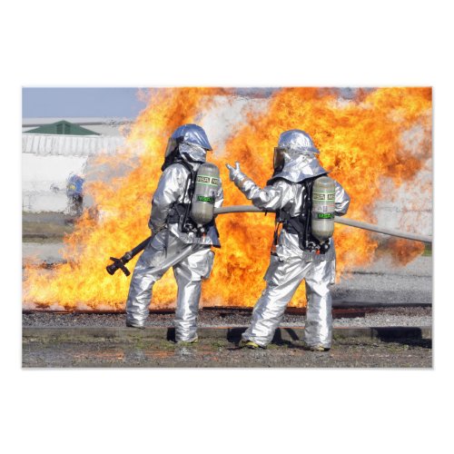 Firefighters battle a simulated fire photo print