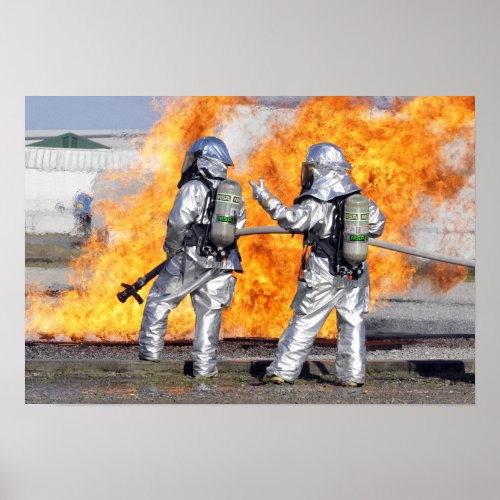 Firefighters battle a simulated fire poster