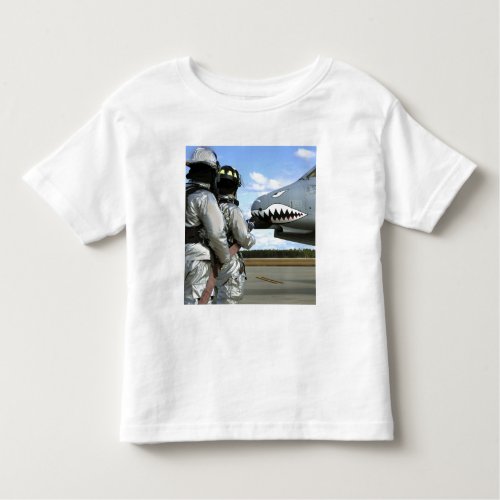 Firefighters deploy a fire hose during a drill toddler t_shirt