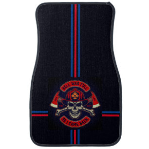 Firefighters Emblem w/Skull, Red on Black, Stripes Car Floor Mat