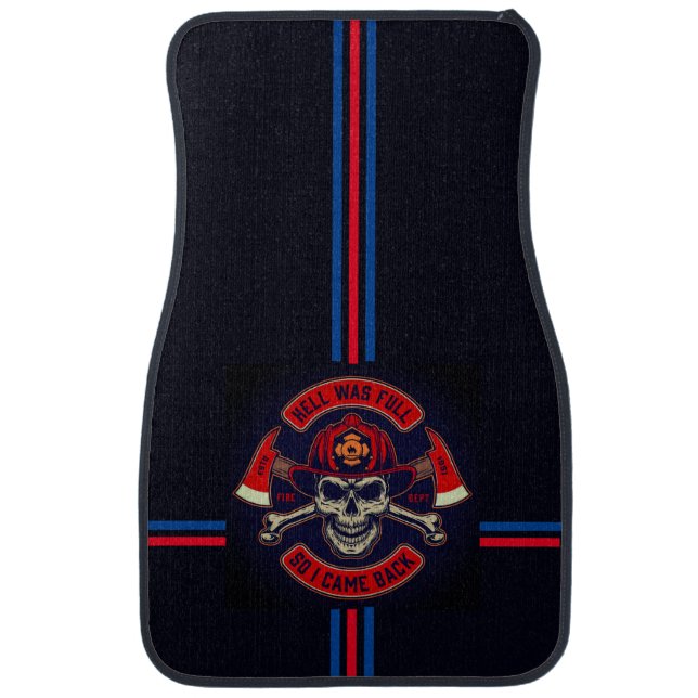 Firefighters Emblem w/Skull, Red on Black, Stripes Car Floor Mat (Front)