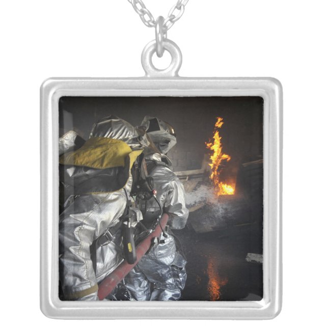 Firefighters extinguish a fire in a training ro silver plated necklace (Front)