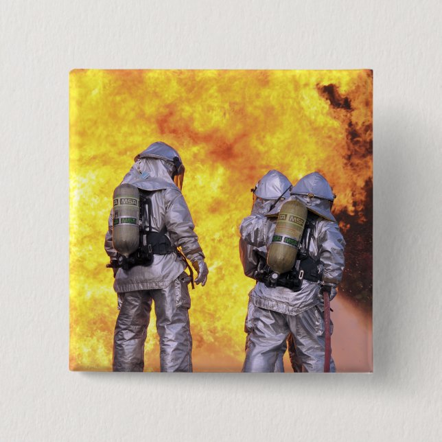 Firefighters extinguish an aircraft fire pinback button (Front)