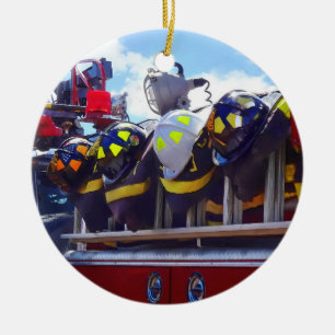 Firefighters - Helmet on Fire Truck Ceramic Ornament