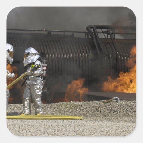 Firefighters neutralize a live fire square sticker