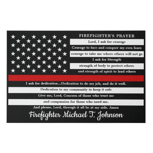 Firefighter's Prayer Personalized Thin Red Line Faux Canvas Print - Firefighter's Prayer Canvas in a modern thin red line American Flag in firefighter flag colors. This firefighter prayer plaque is a unique gift and is perfect for all firefighters and fireman, fire academy graduation gift, and firefighter gifts. Personalize this firefighter prayer plaque with your firefighters name . Firefighter Academy Graduate Prayer Gift.
COPYRIGHT © 2020 Judy Burrows, Black Dog Art - All Rights Reserved. Firefighter's Prayer Personalized Thin Red Line Faux Canvas Print 