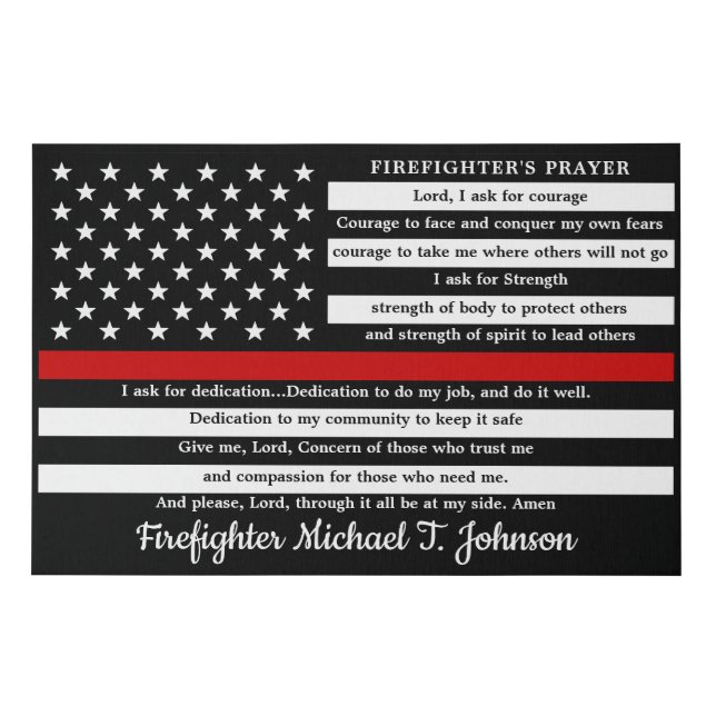 Firefighter's Prayer Personalized Thin Red Line Faux Canvas Print (Front)