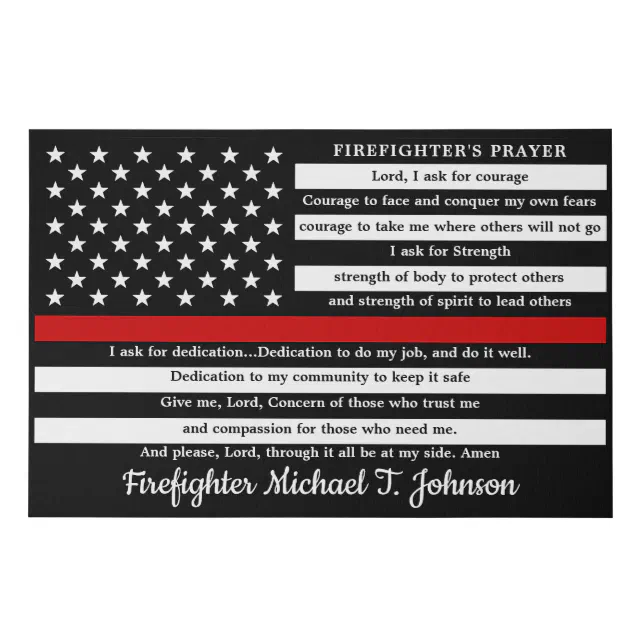 Firefighter's Prayer Personalized Thin Red Line Faux Canvas Print | Zazzle