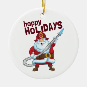 Firefighting Christmas Santa Claus Firefighter Ceramic Ornament