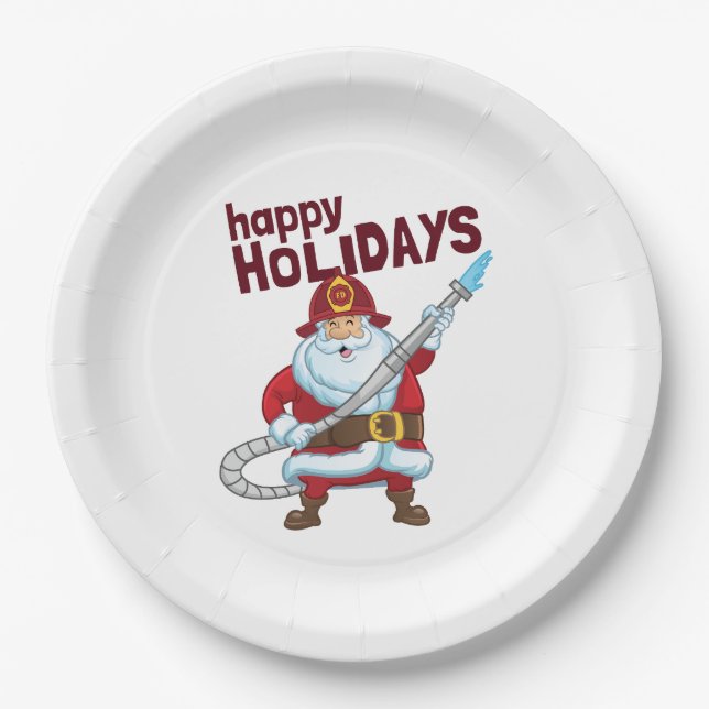 Firefighting Christmas Santa Claus Firefighter Paper Plates (Front)