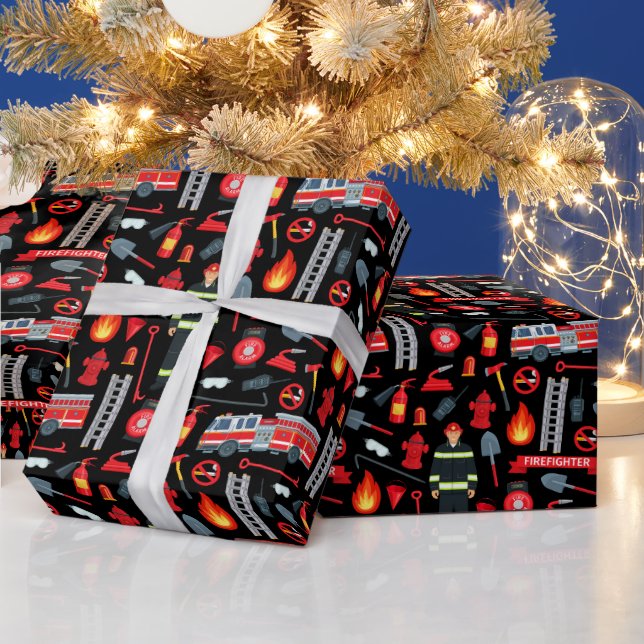 Firefighting Equipment Truck Ladders Axes Pattern Wrapping Paper (Holidays)