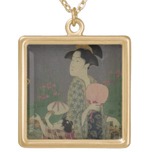 Fireflies, 1793 (colour woodcut) gold plated necklace