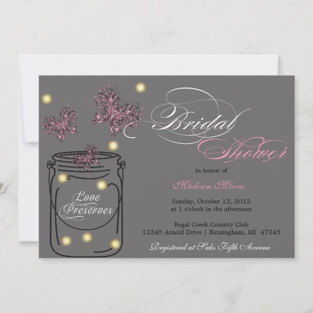 Fireflies and Mason Jar Bridal Shower - Gray Invitation (Front)