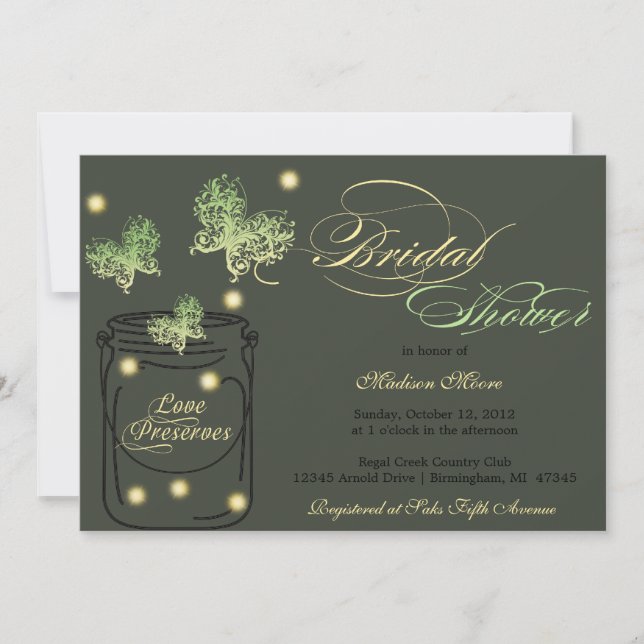 Fireflies and Mason Jar Bridal Shower - Green Invitation (Front)