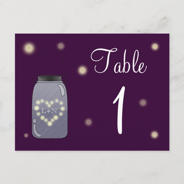 Fireflies and Mason Jar Heart Love Table Number (Front)