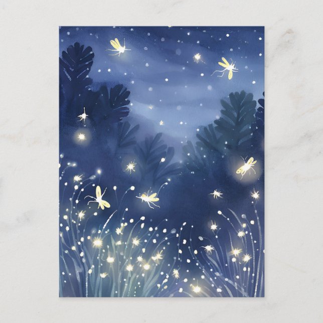 Fireflies at Night | Firefly Blue Watercolor Postcard (Front)