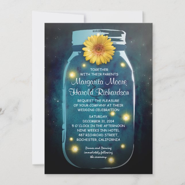 Fireflies & Blue Mason Jar Whimsical Wedding Invitation (Front)