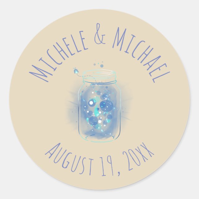 Fireflies in Jar Personalized Names Date Classic Round Sticker (Front)