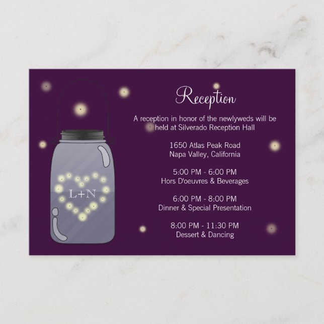 Fireflies in Mason Jar Heart Love Reception Card (Front)