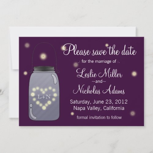 Fireflies in Mason Jar Heart Love Save the Date