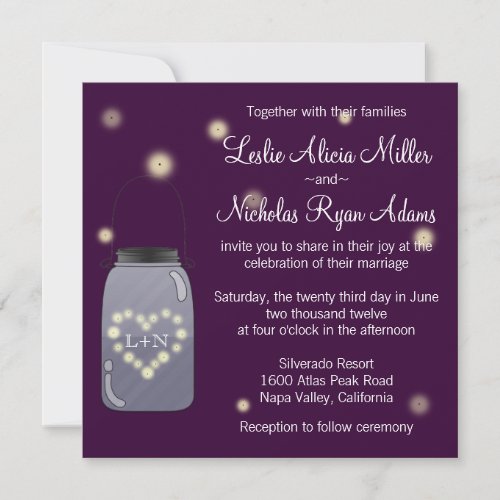 Fireflies in Mason Jar Heart Wedding Invitation