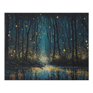 Fireflies light up a dark fantasy forest faux canvas print