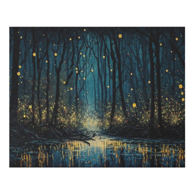 Fireflies light up a dark fantasy forest faux canvas print (Front)