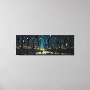 Fireflies light up a dark fantasy forest Panoramic Canvas Print