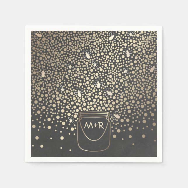 Fireflies Mason Jar Gold and Chalkboard Rustic Napkins (Front)