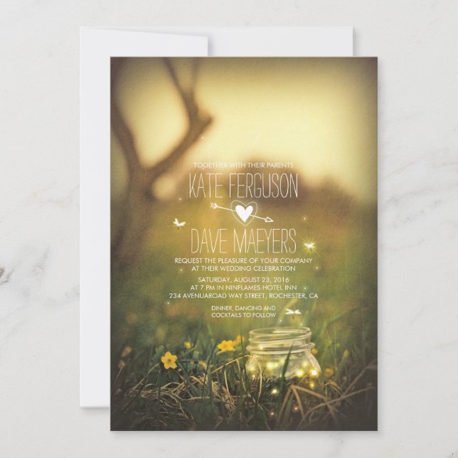 Fireflies Mason Jar Rustic Garden Wedding Invites (Front)