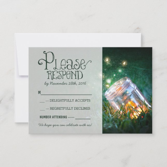 fireflies mason jar rustic garden wedding RSVP (Front)