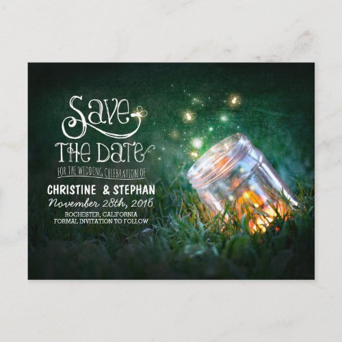 fireflies mason jar rustic romantic save the date announcement postcard