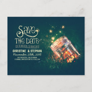 fireflies mason jar rustic romantic save the date announcement postcard