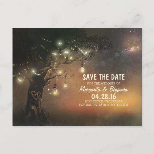 Fireflies mason jar tree rustic save the date announcement postcard