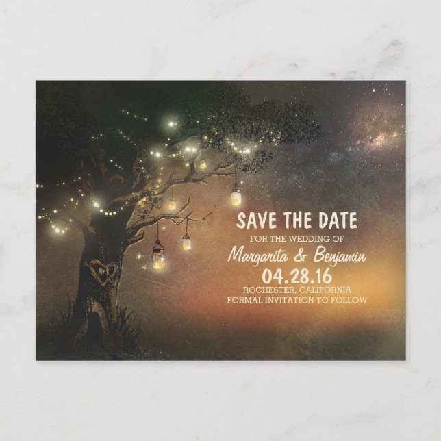 Fireflies mason jar tree rustic save the date announcement postcard (Front)