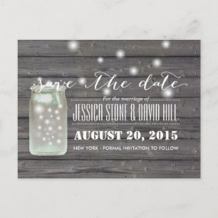 Fireflies & Mason Jar Wood Save the Date Announcement Postcard